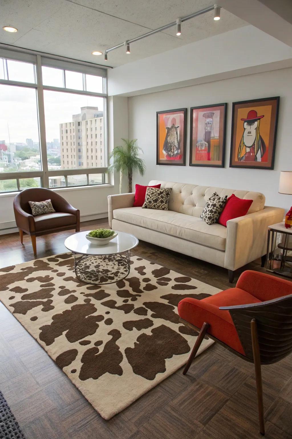 A cow print rug adds texture and style to any room.