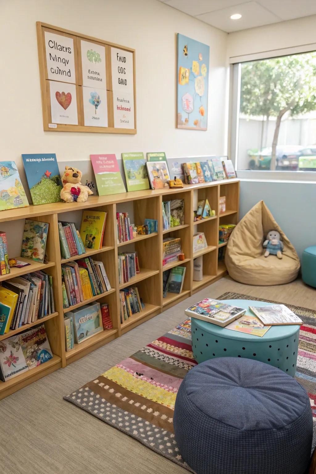 Storage units make storytime an appealing activity.