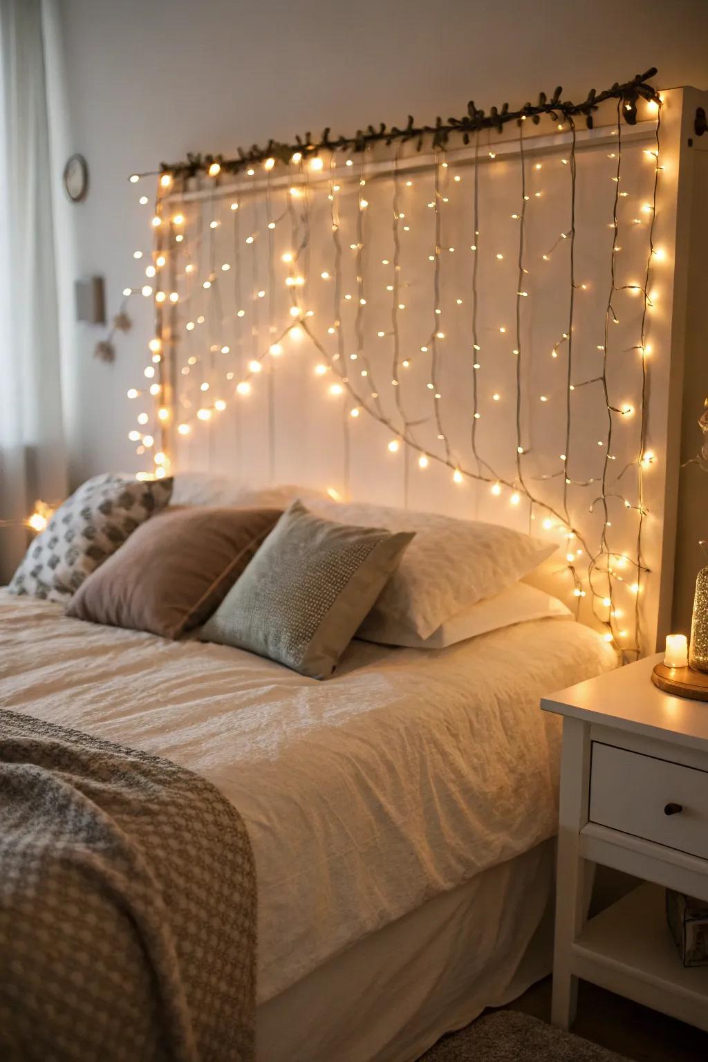 Fairy lights wrapped around a bed headboard.