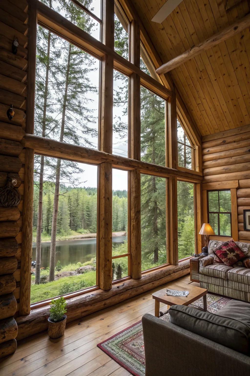 Large windows in a log cabin capture breathtaking natural scenery, merging the interior with the tranquil beauty outside.