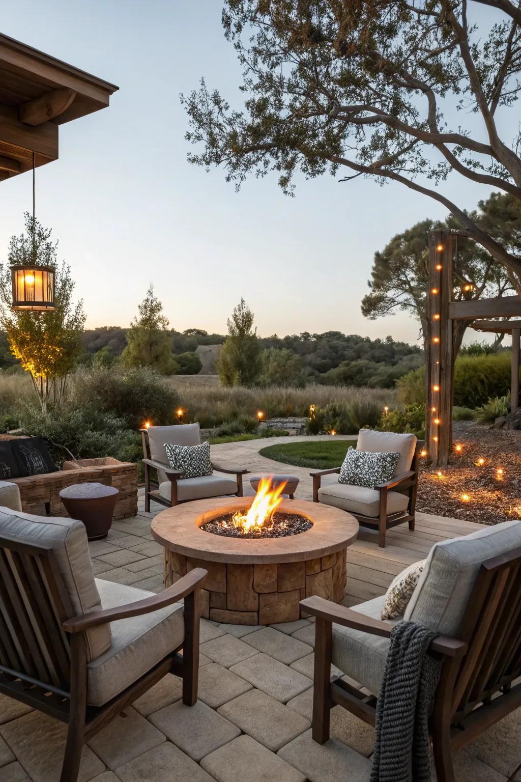 A fire pit becomes the centerpiece for warm, intimate gatherings.
