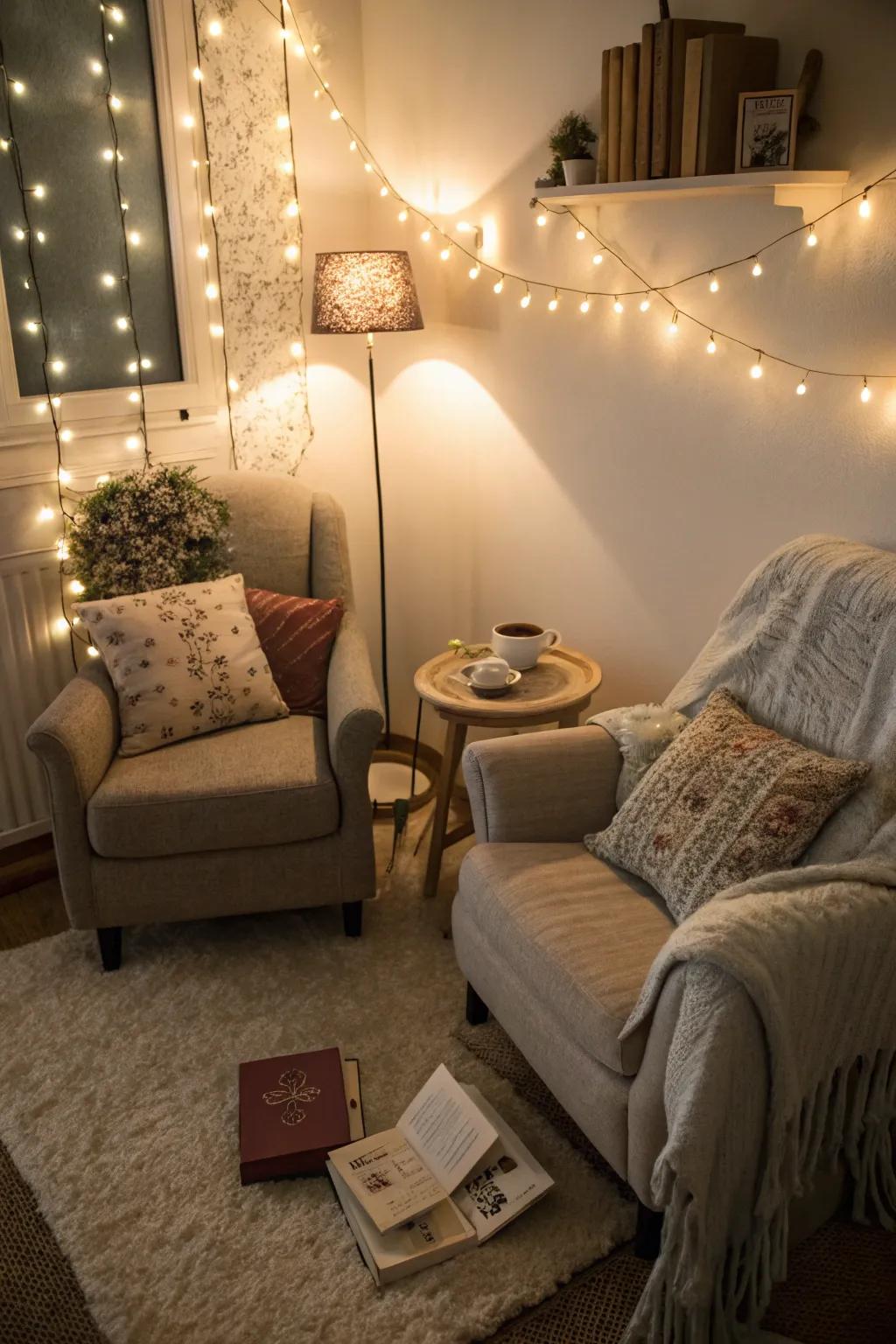 Soft ambient lighting sets the mood for a cozy evening of reading.
