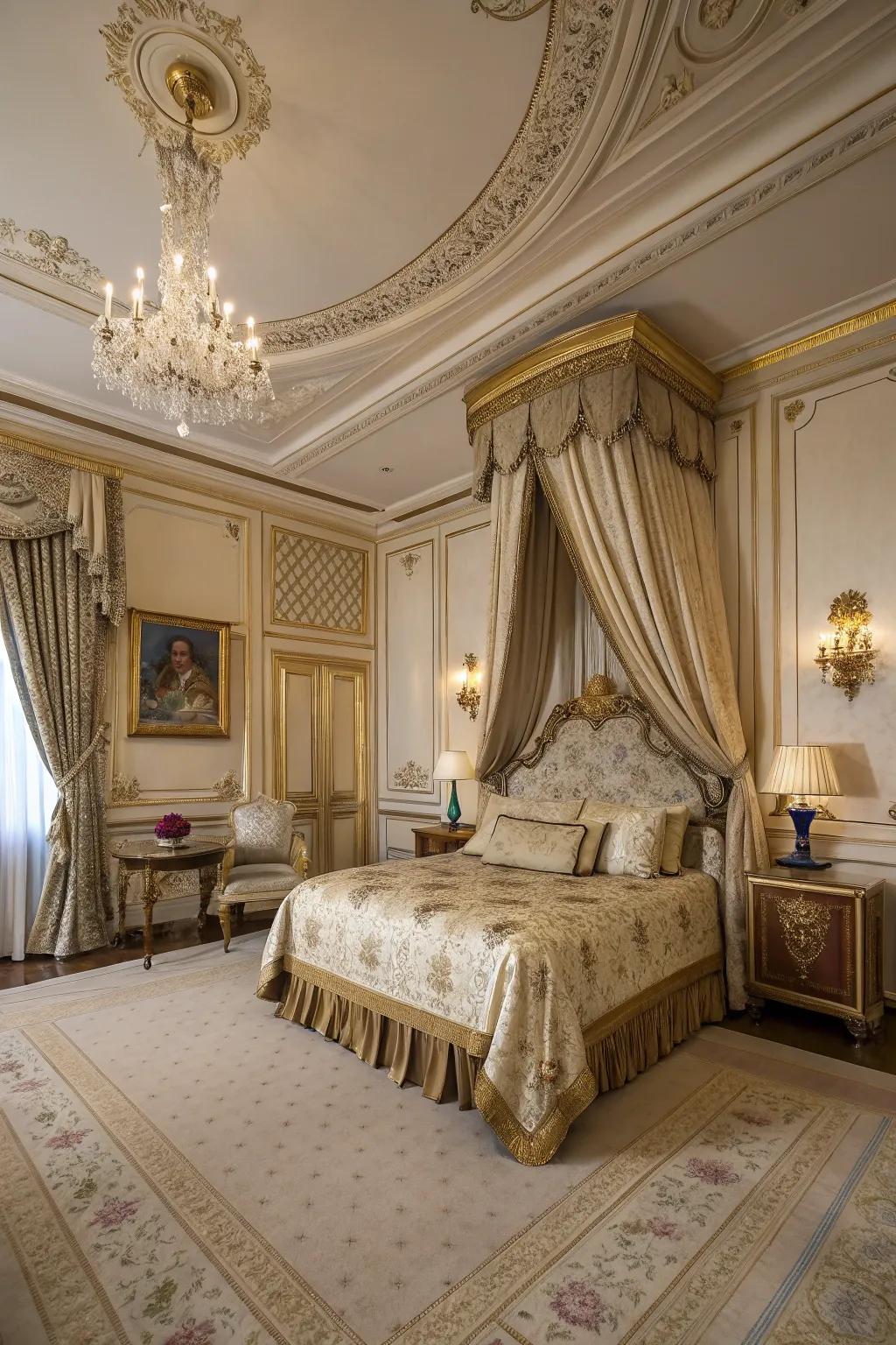 An opulent bedroom featuring luxurious decor and plush textiles.