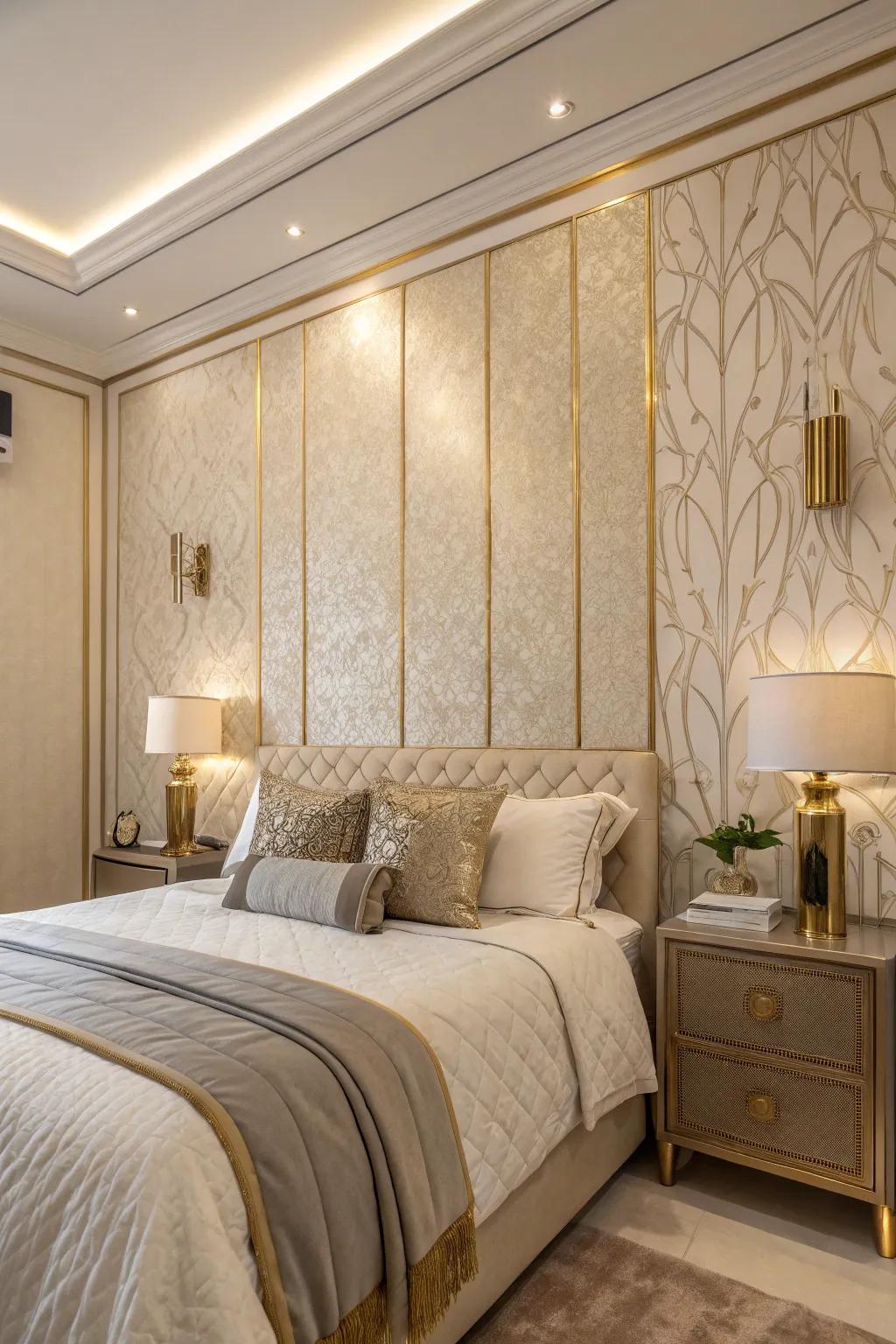 Textured walls with a metallic sheen enrich the area's dimension and polish.