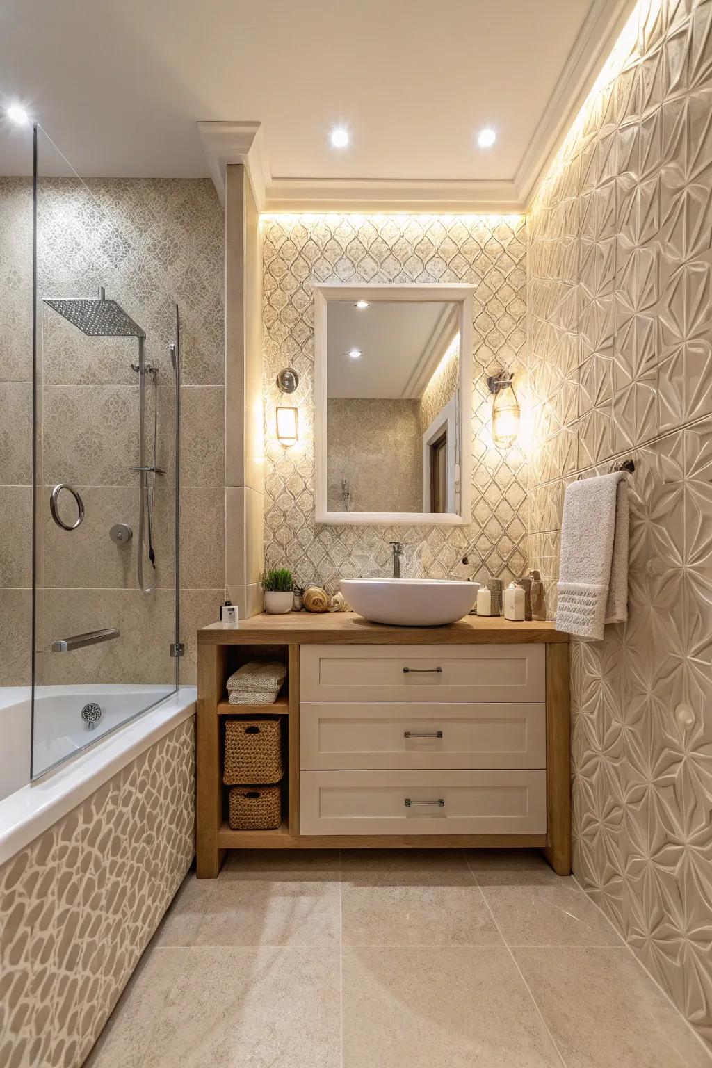 Textured tiles give an extra dimension to this creamy bathroom.