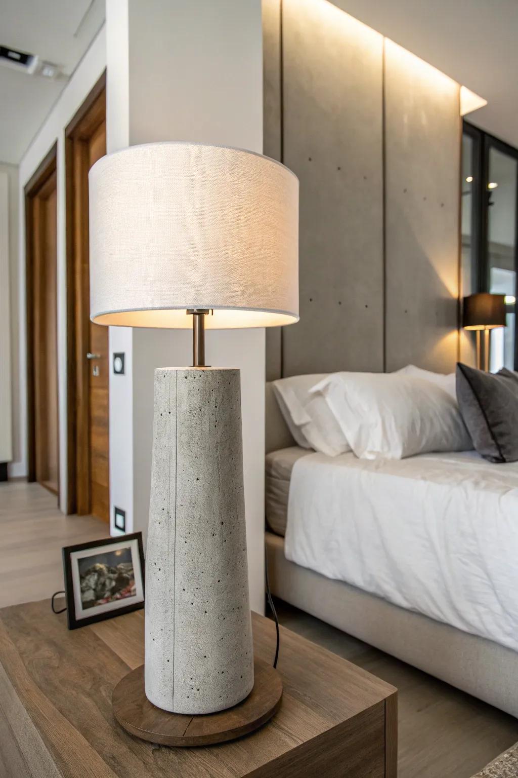 A minimalist concrete lamp elegantly complements the modern design of a bedroom.