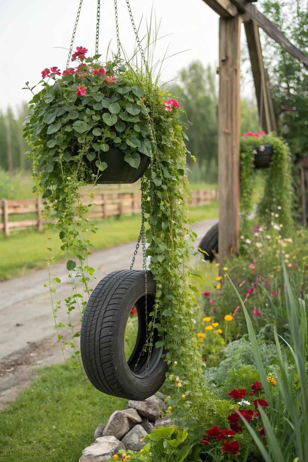 Whimsical hanging tire planters adding charm to the garden.