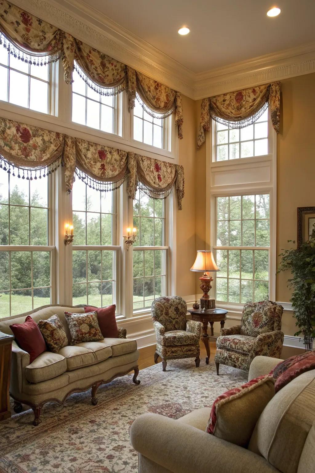 Skirts and headers add a decorative and sophisticated touch to window designs.