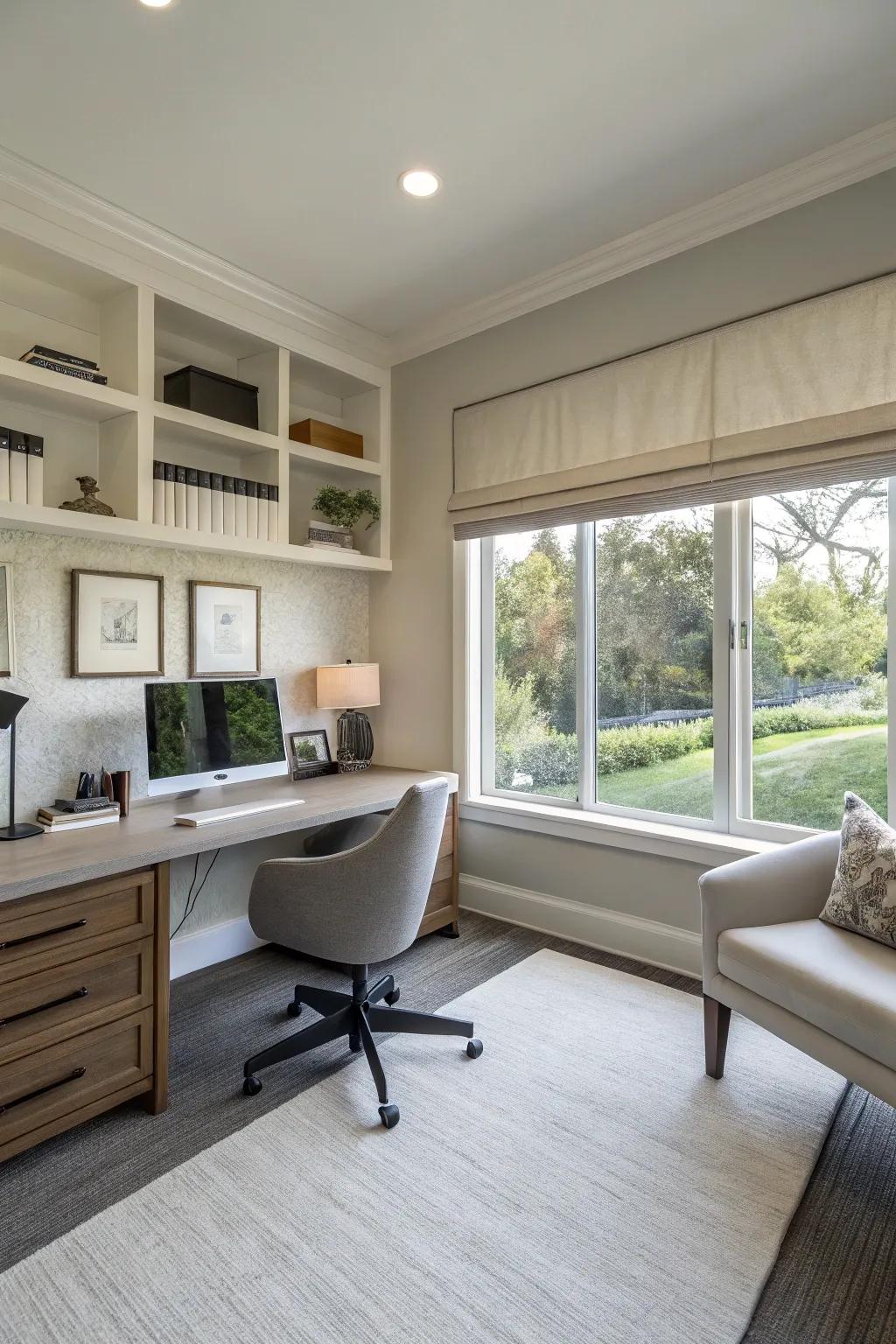 Realize a streamlined look in your home office with flat valances.