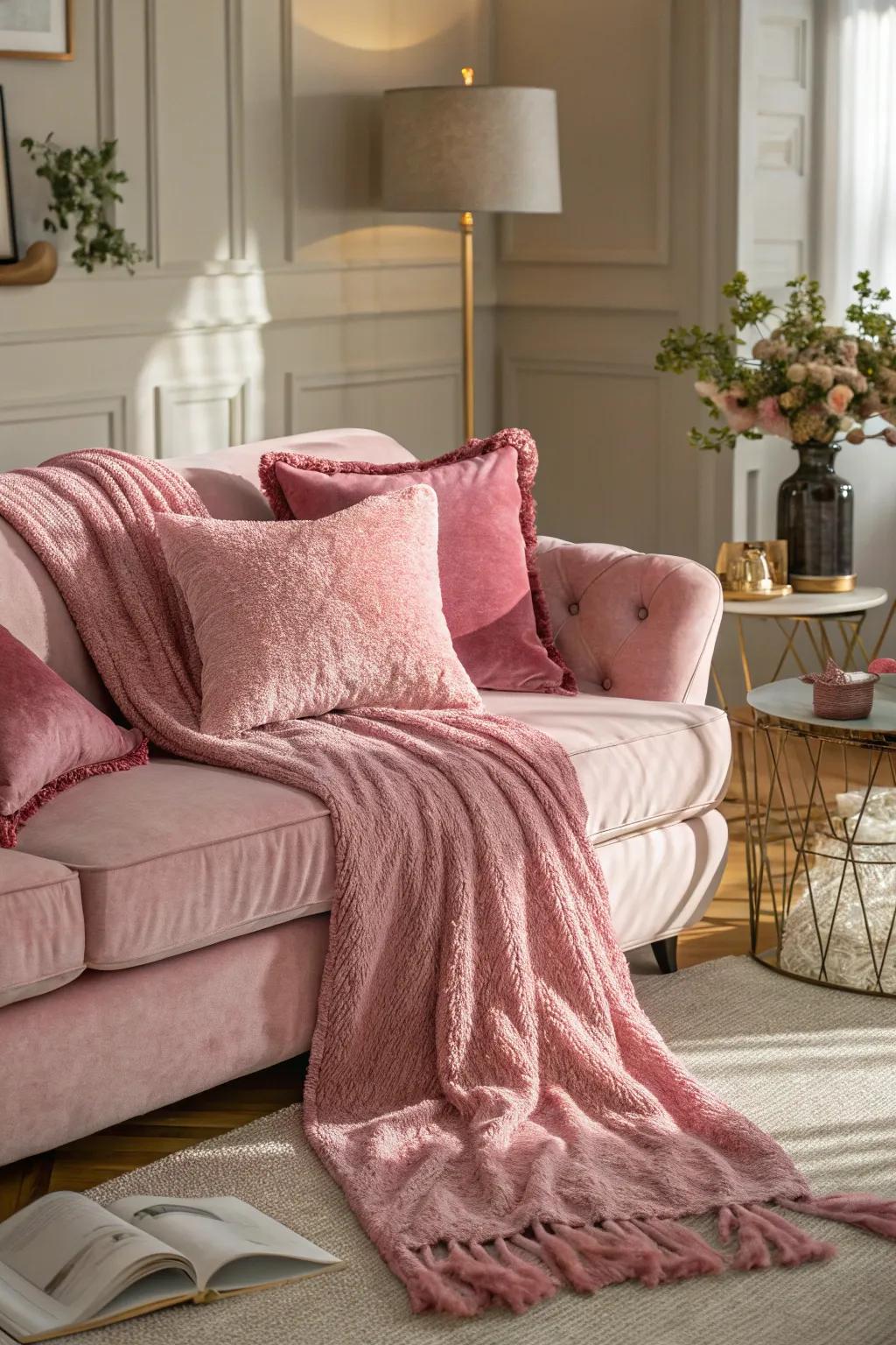 Sumptuous rose fabrics bring warmth and elegance to the living room.