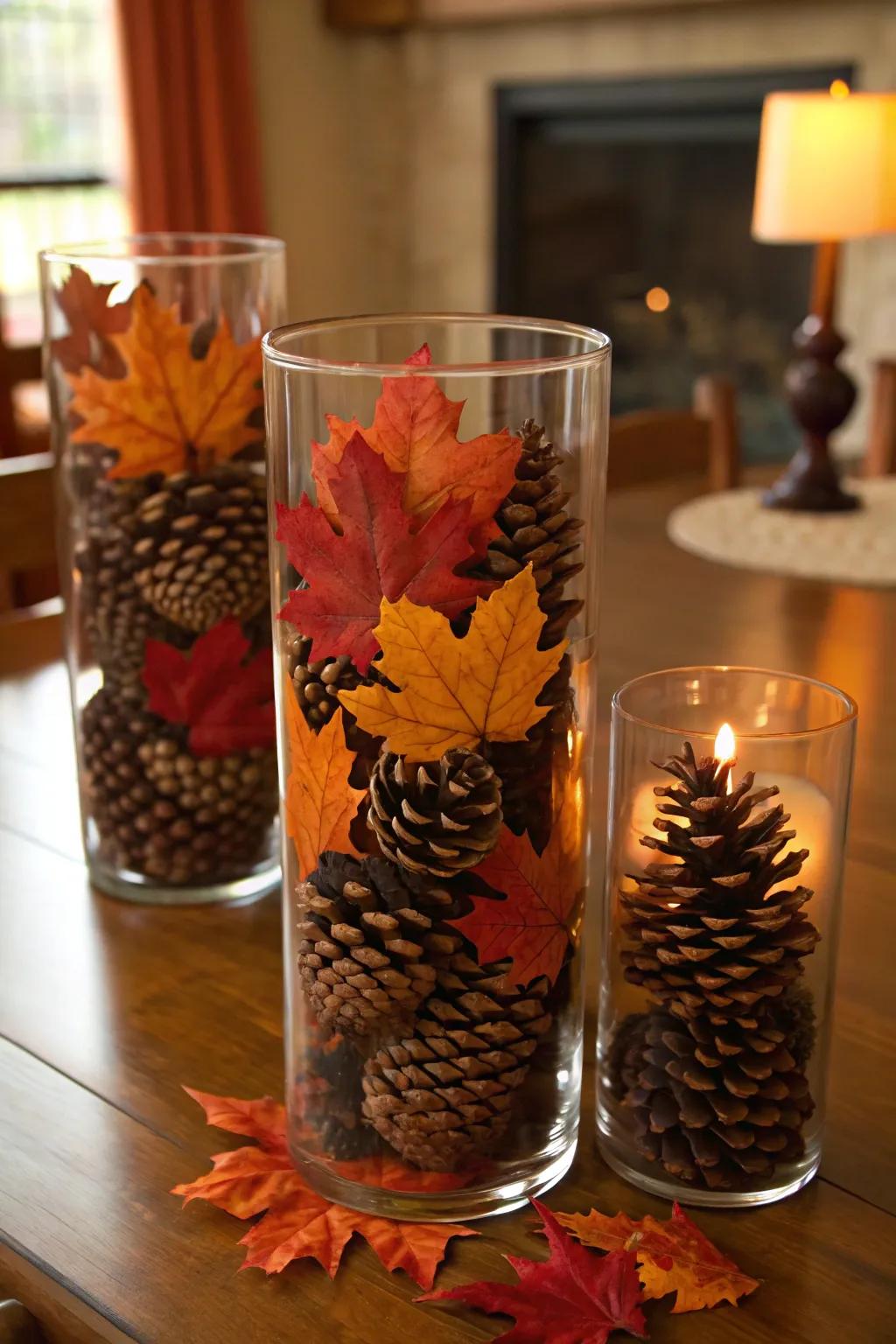 Seasonal accents give your table arrangement charm.