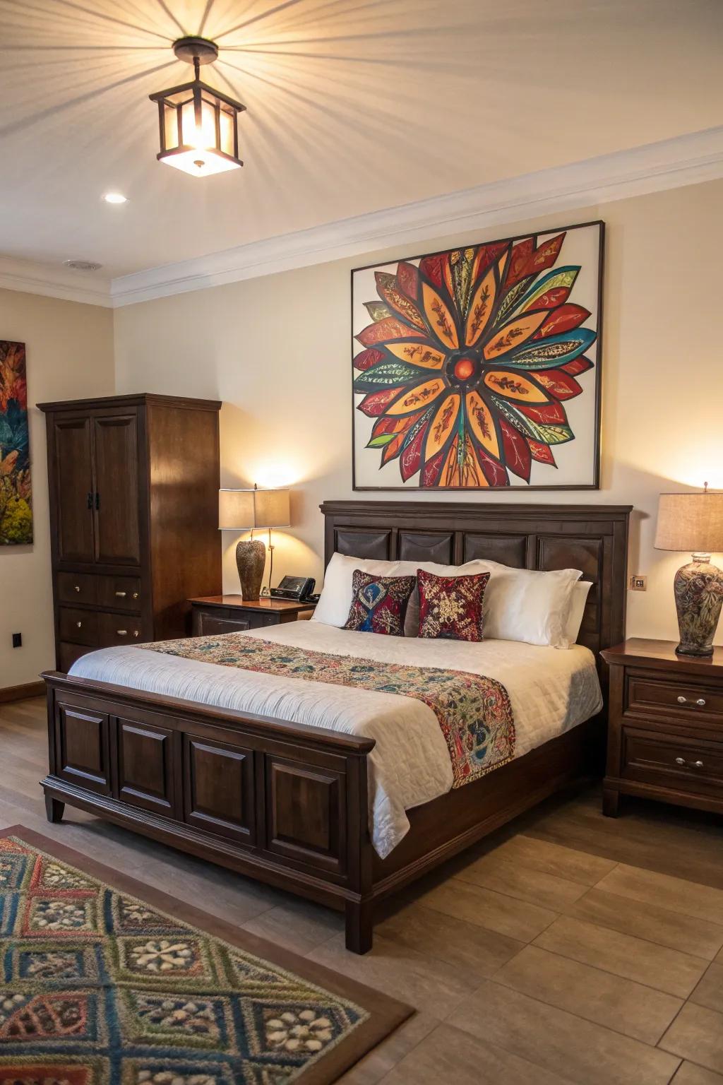 Art pieces serve as striking focal points set against deep brown furnishings.