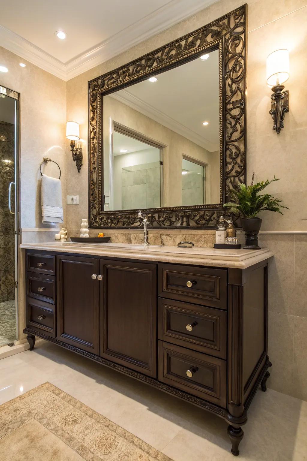 A statement mirror adds character to a dark brown vanity.