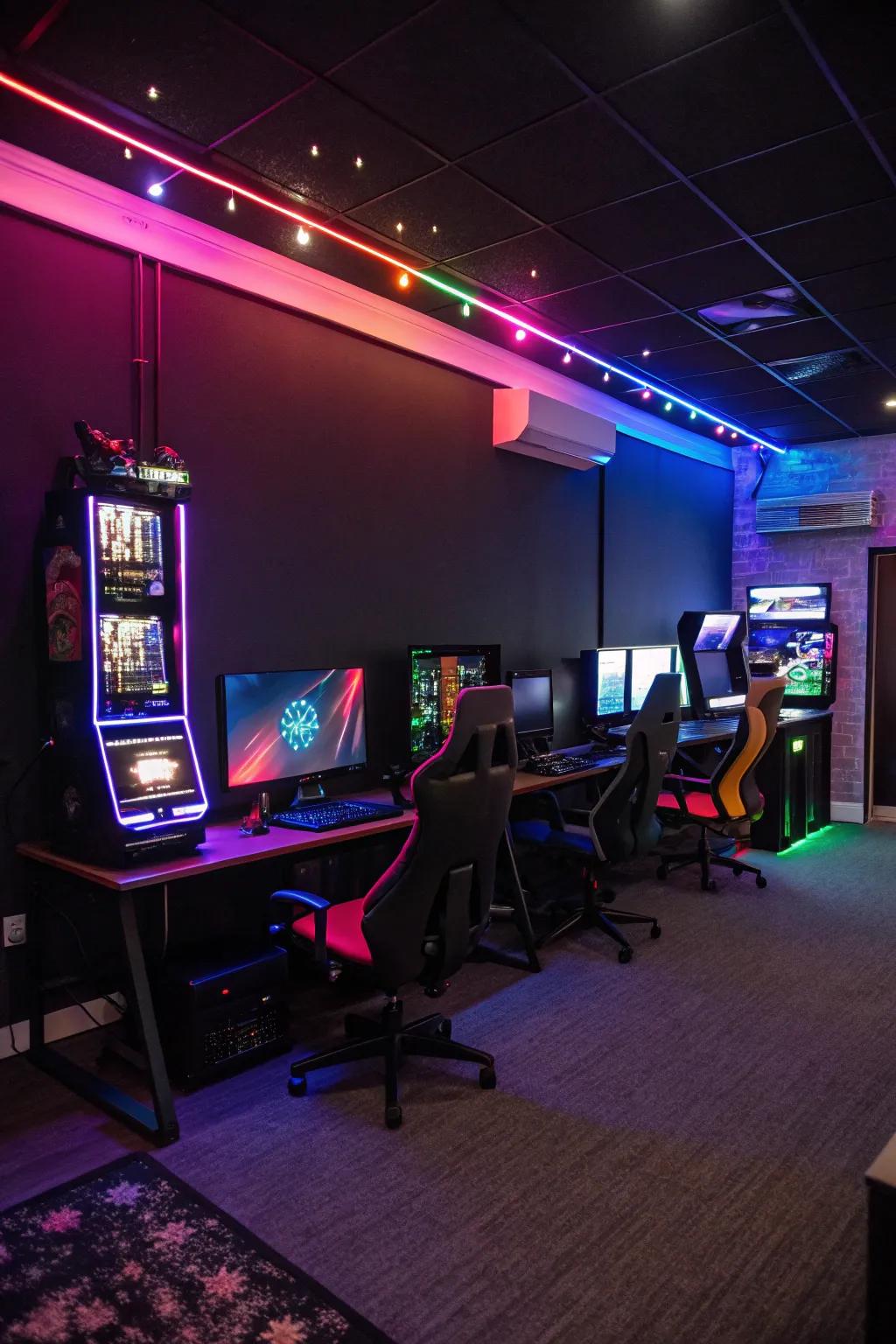 Dark shades paired with colorful lights create an amazing visual impact.