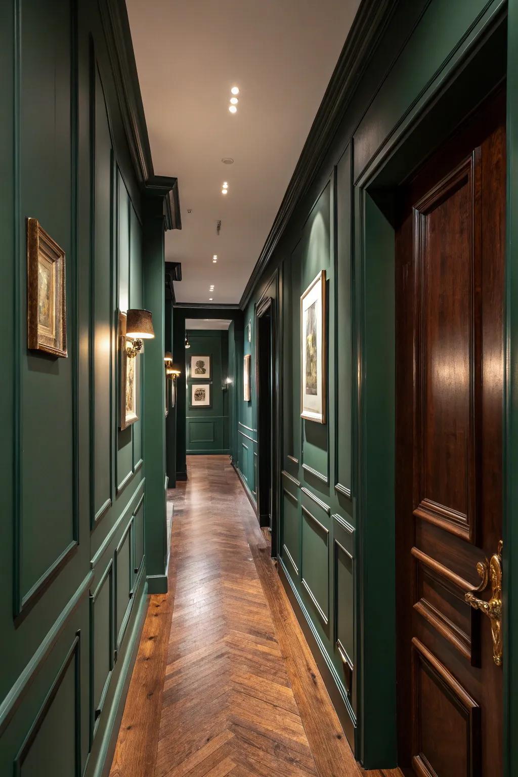 Timber floors give warmth to the forest green hallway.