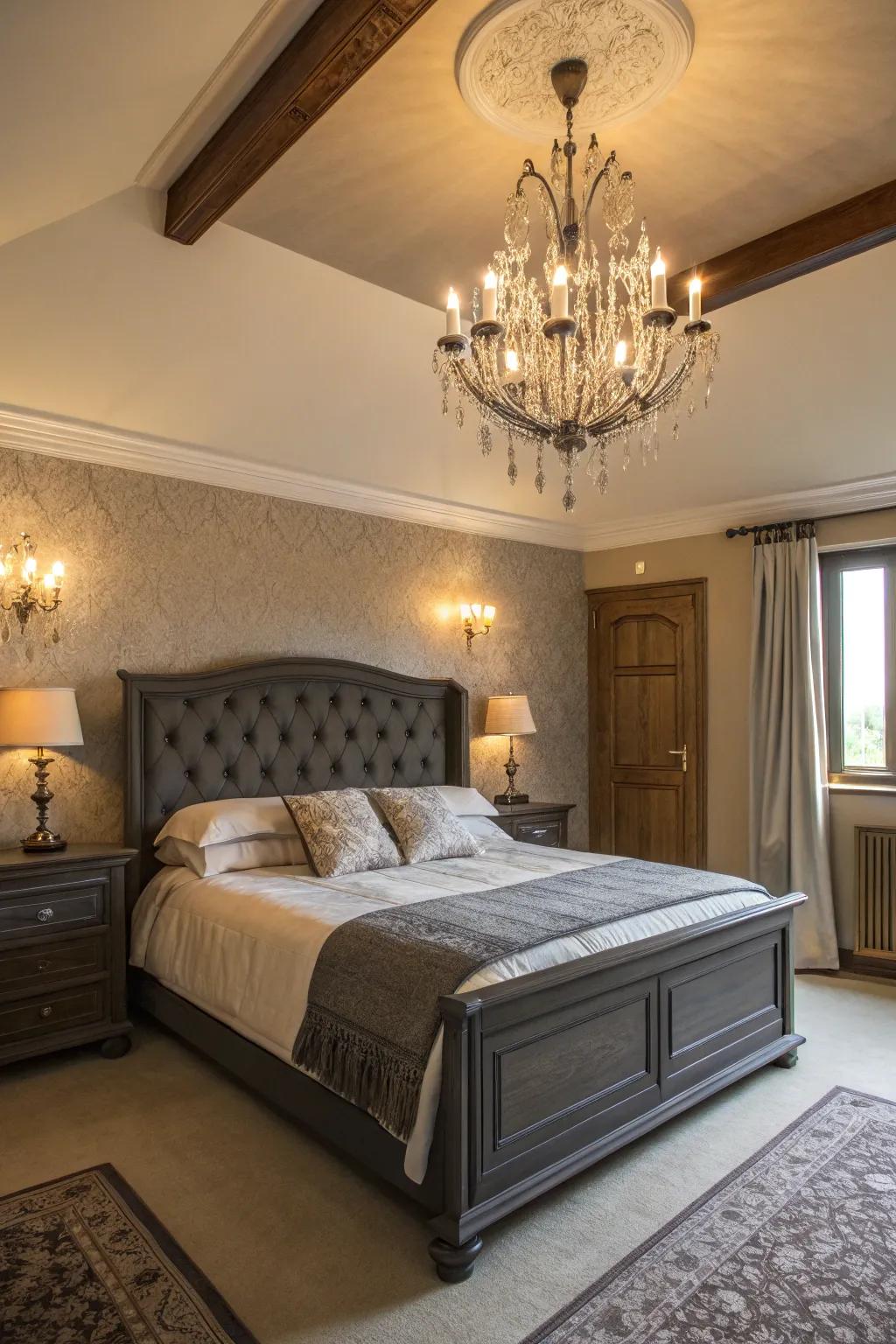 A bedroom exhibiting a dark charcoal sleeping platform, highlighted by grand illumination.