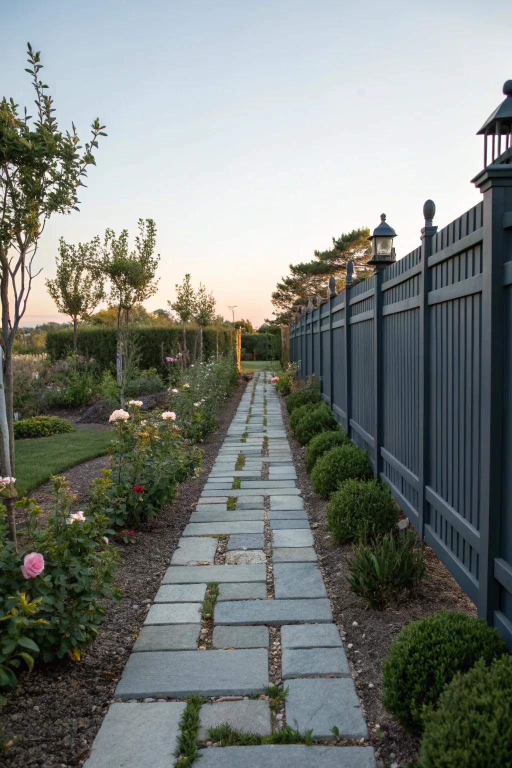 An elegant garden path bordered by a charcoal-toned enclosure and small shrubs.