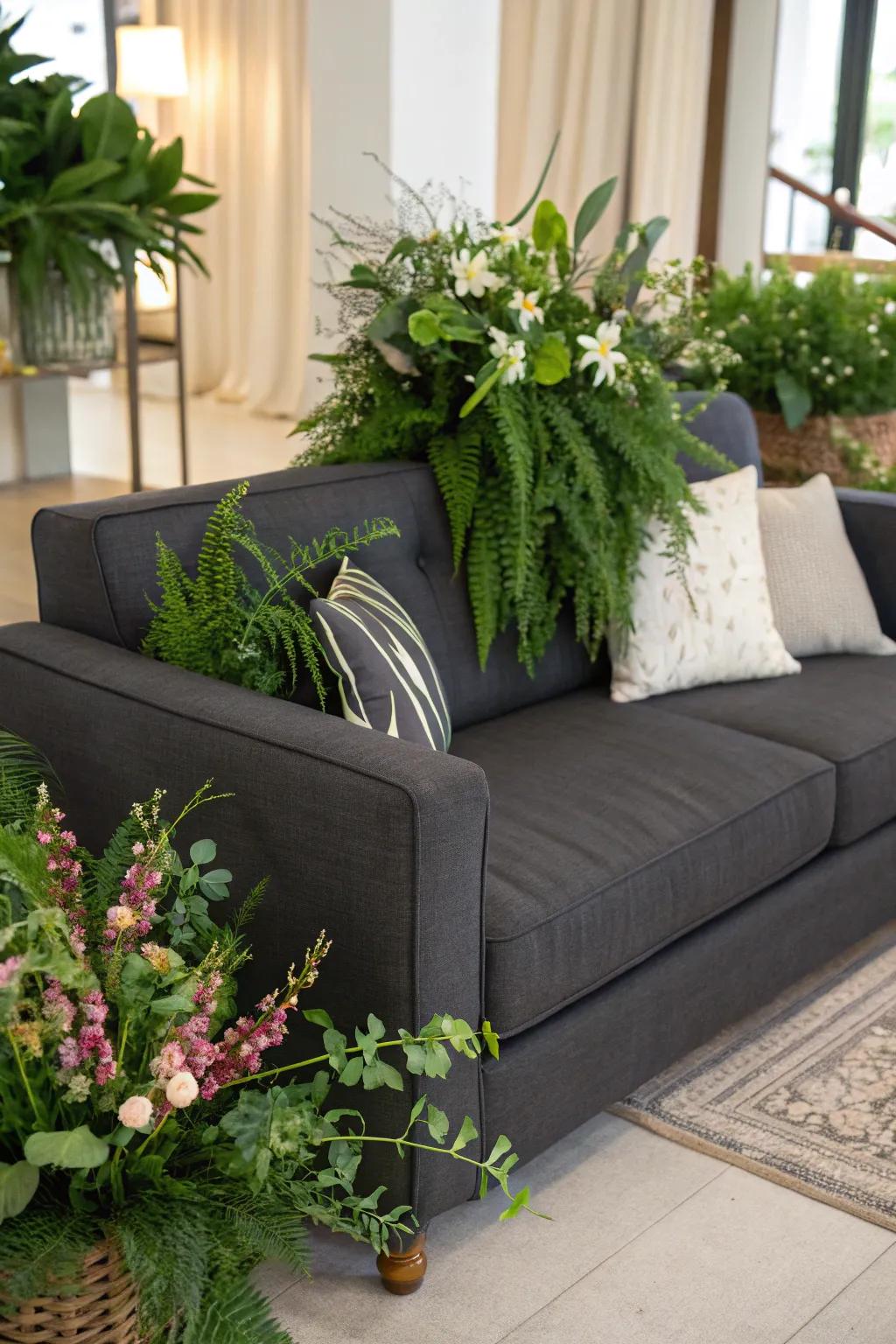 Natural components breathe vibrancy and freshness into a gray couch arrangement.