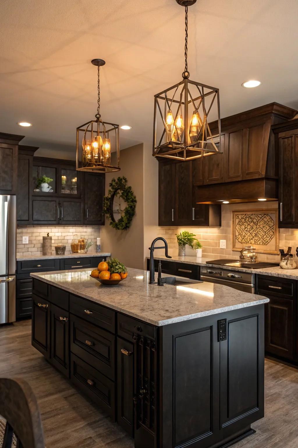 Warm pendant lighting beautifully accentuates the kitchen's darker aspects.