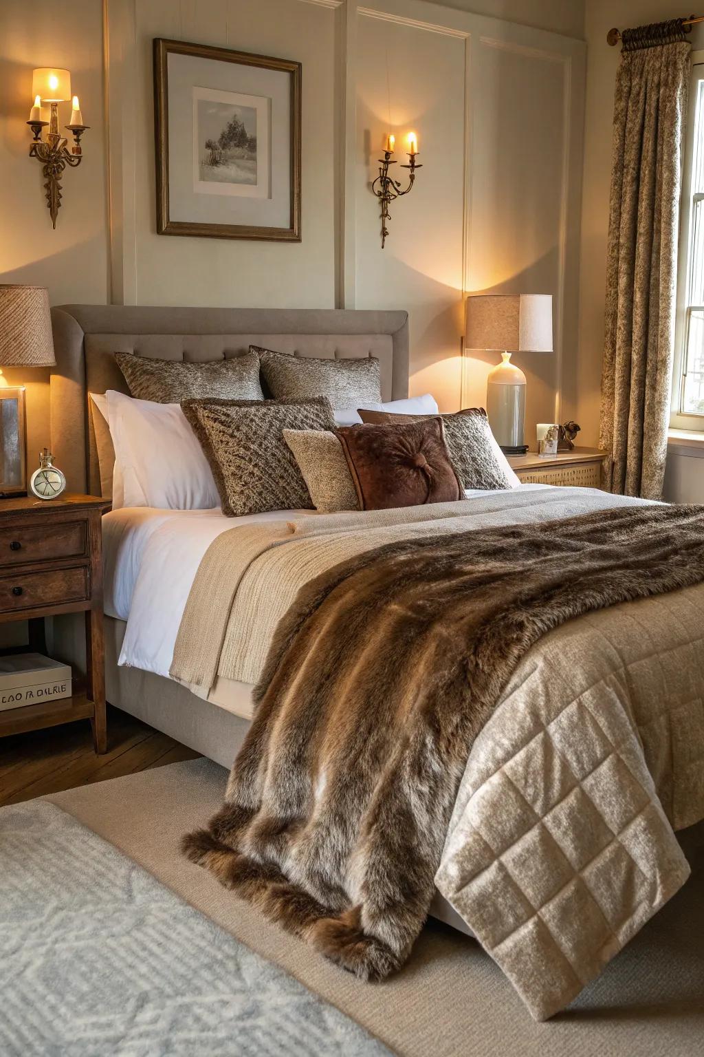 Layered fabrics like faux fur and silk enrich the space and encourage relaxation.