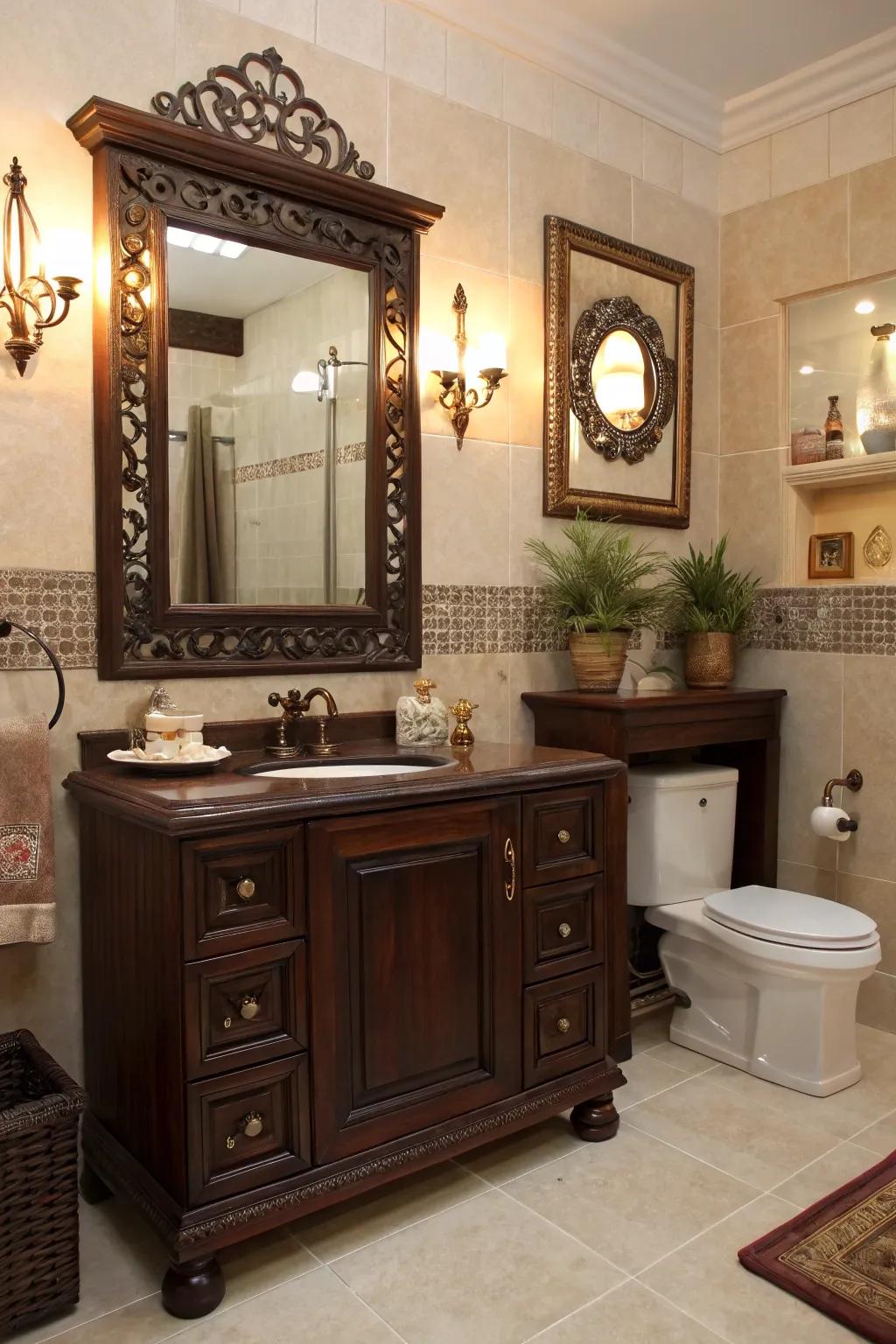 Ornamental touches personalize this mahogany-themed bathroom.
