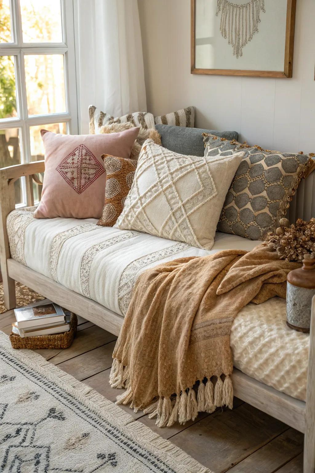 A rich array of textures adds depth and intrigue to a daybed ensemble.