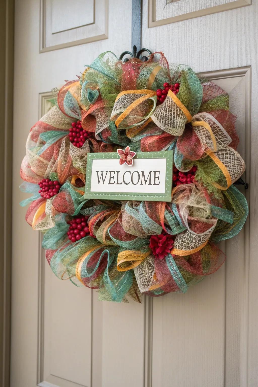 An inviting inscription introduces a personalized element to this autumnal wreath.