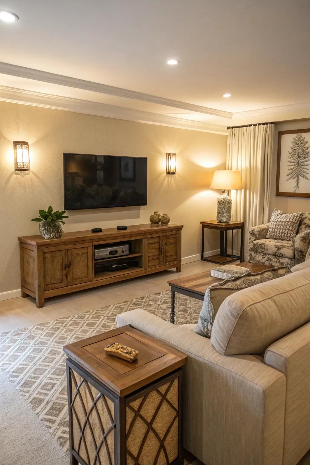 Subdued shades fashion a serene setting for the TV.