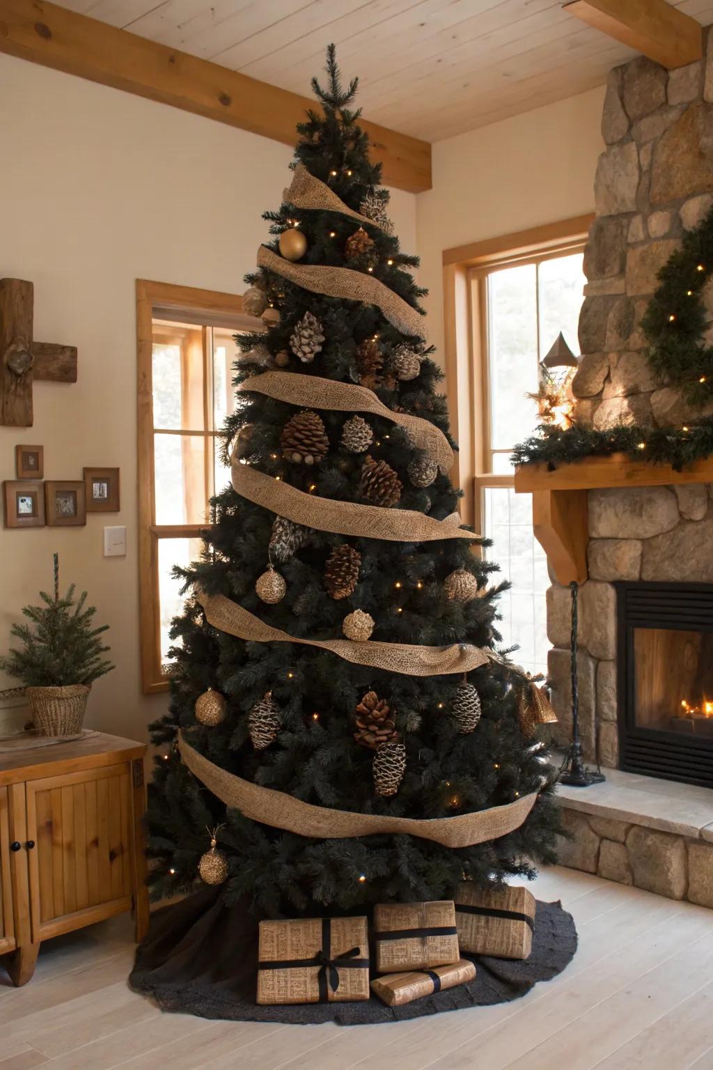 A charcoal Christmas tree with rustic organic elements.