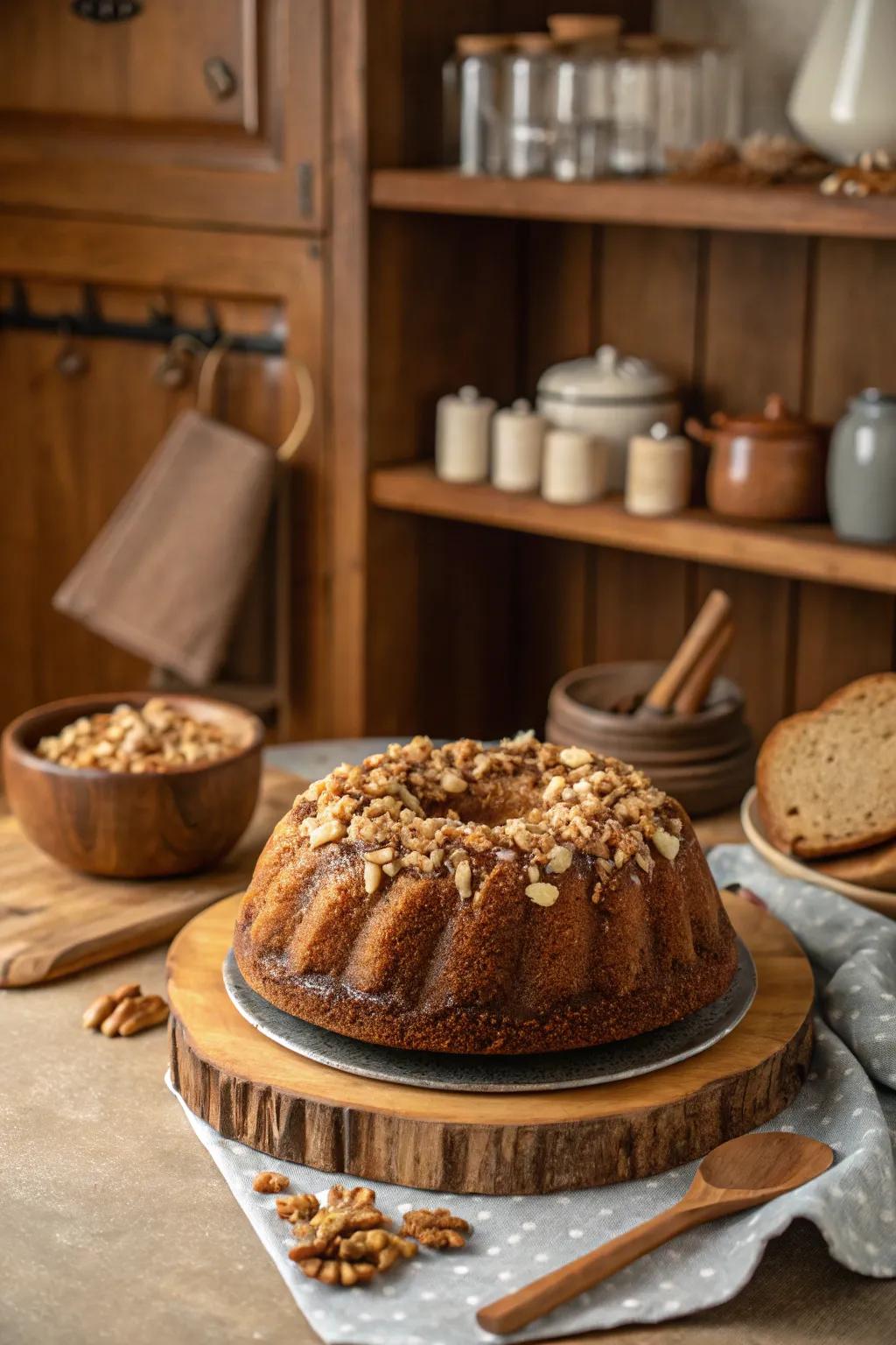 A ring cake crowned with a generous layer of crunchy, flavorful nuts.