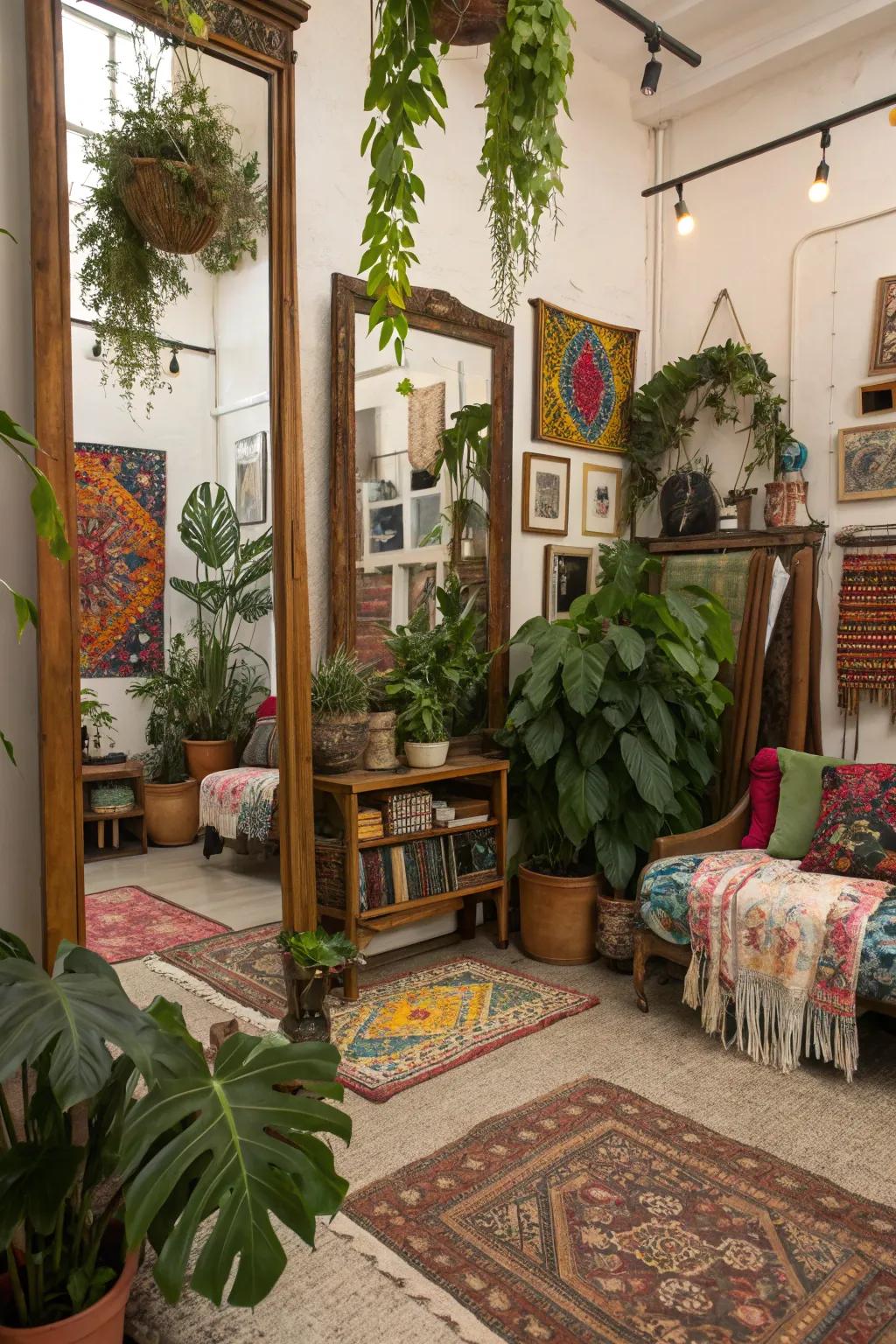 Bohemian vibes showcased with mirrors, flora, and diverse decorative elements.