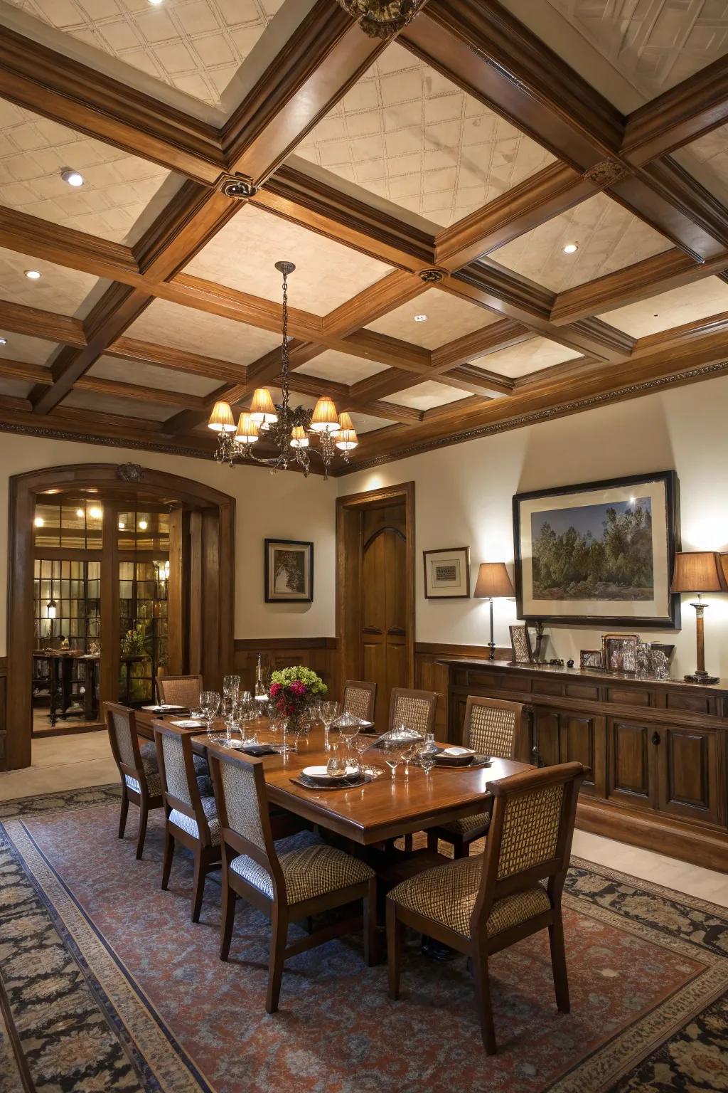 Paneled ceilings through beams contribute a note of refinement to each area.