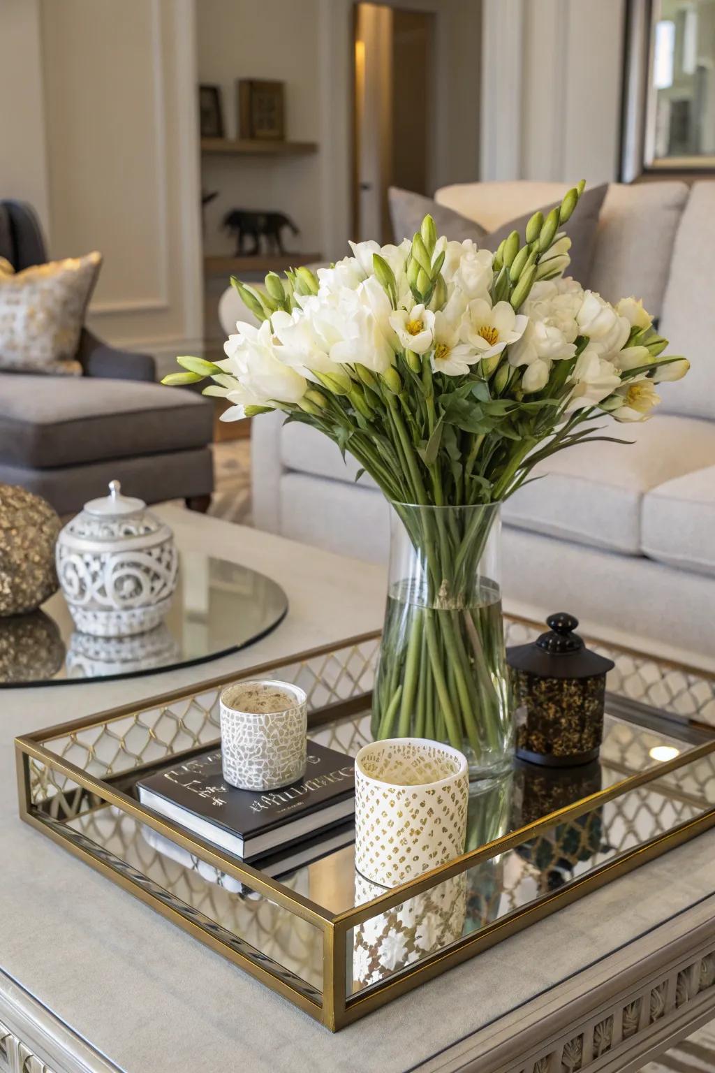 A flower holder adding elevation and tint to a coffee table base.