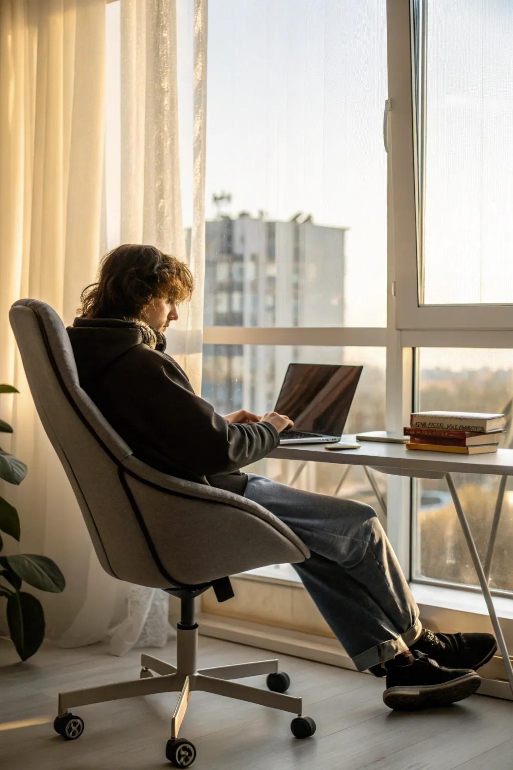 An ergonomic chair offers comfort for long work hours.
