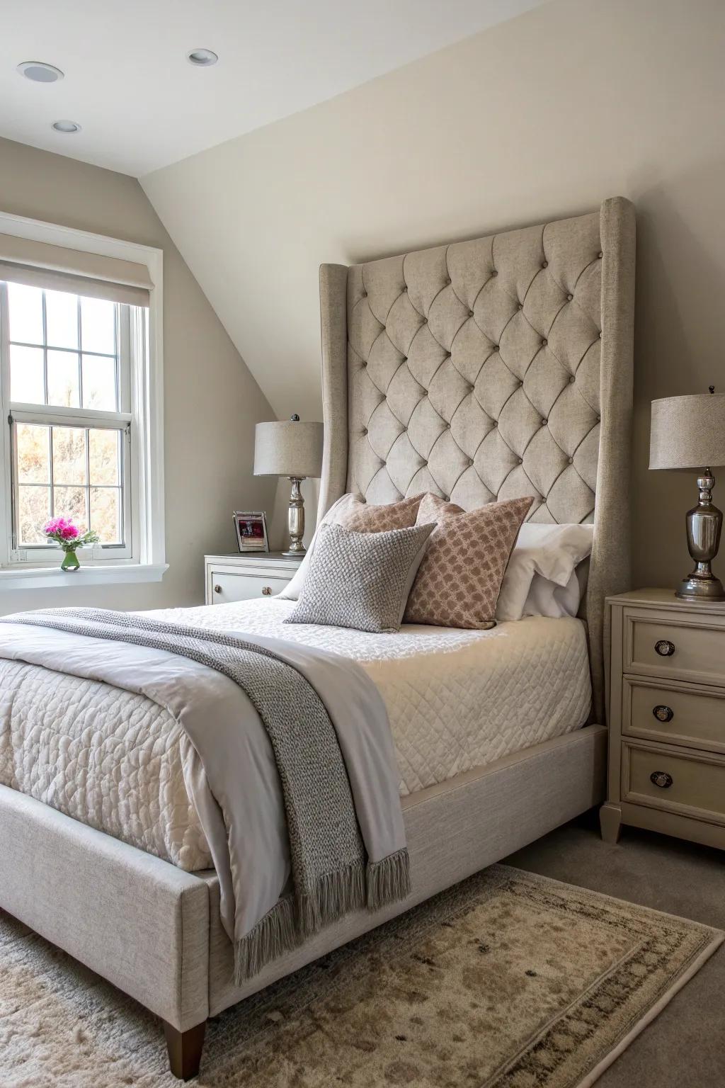 An elevated headboard introduces sophistication and stature to a diagonal bed.