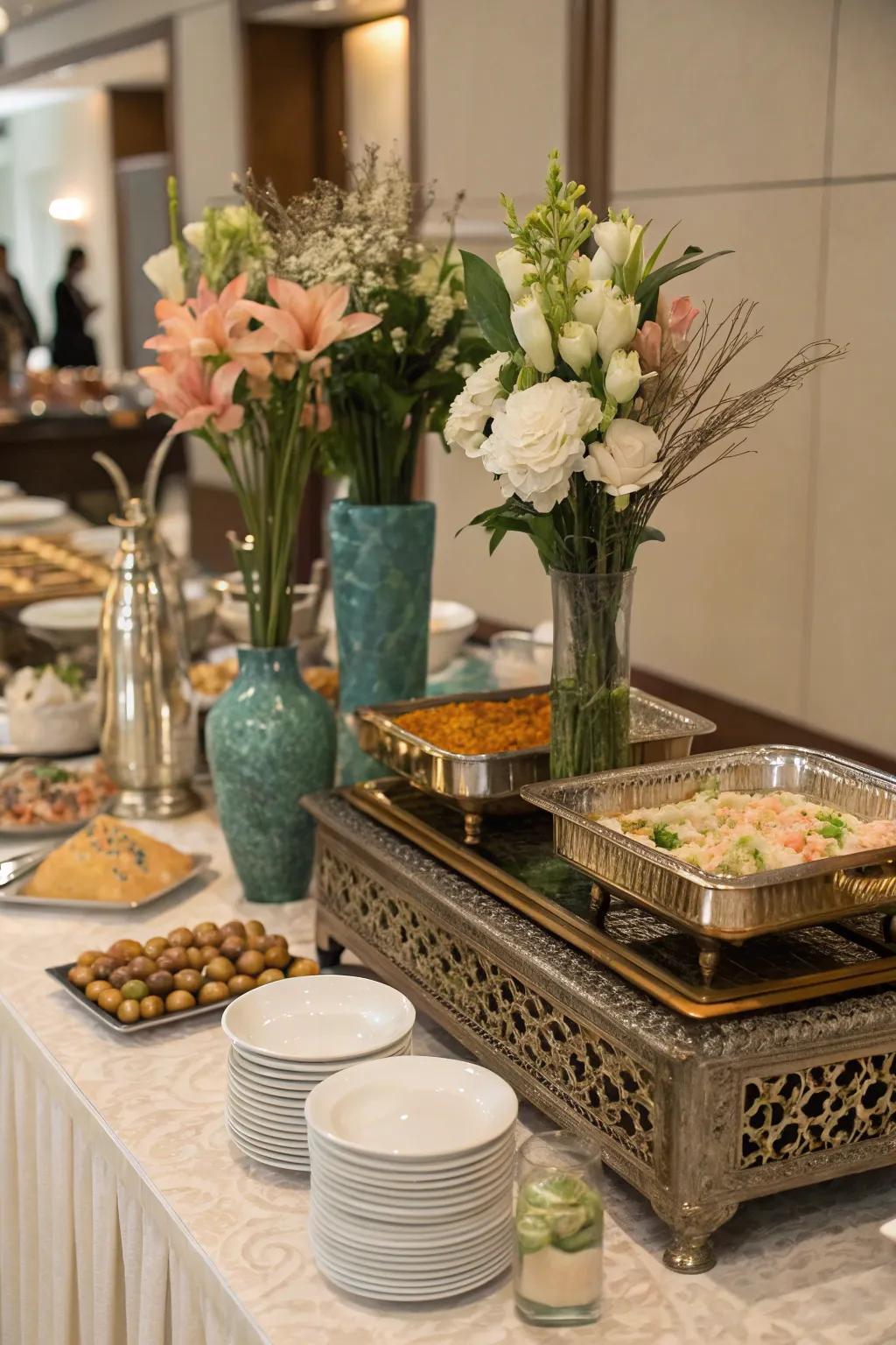 Trays and vases create a sophisticated, tidy buffet arrangement.