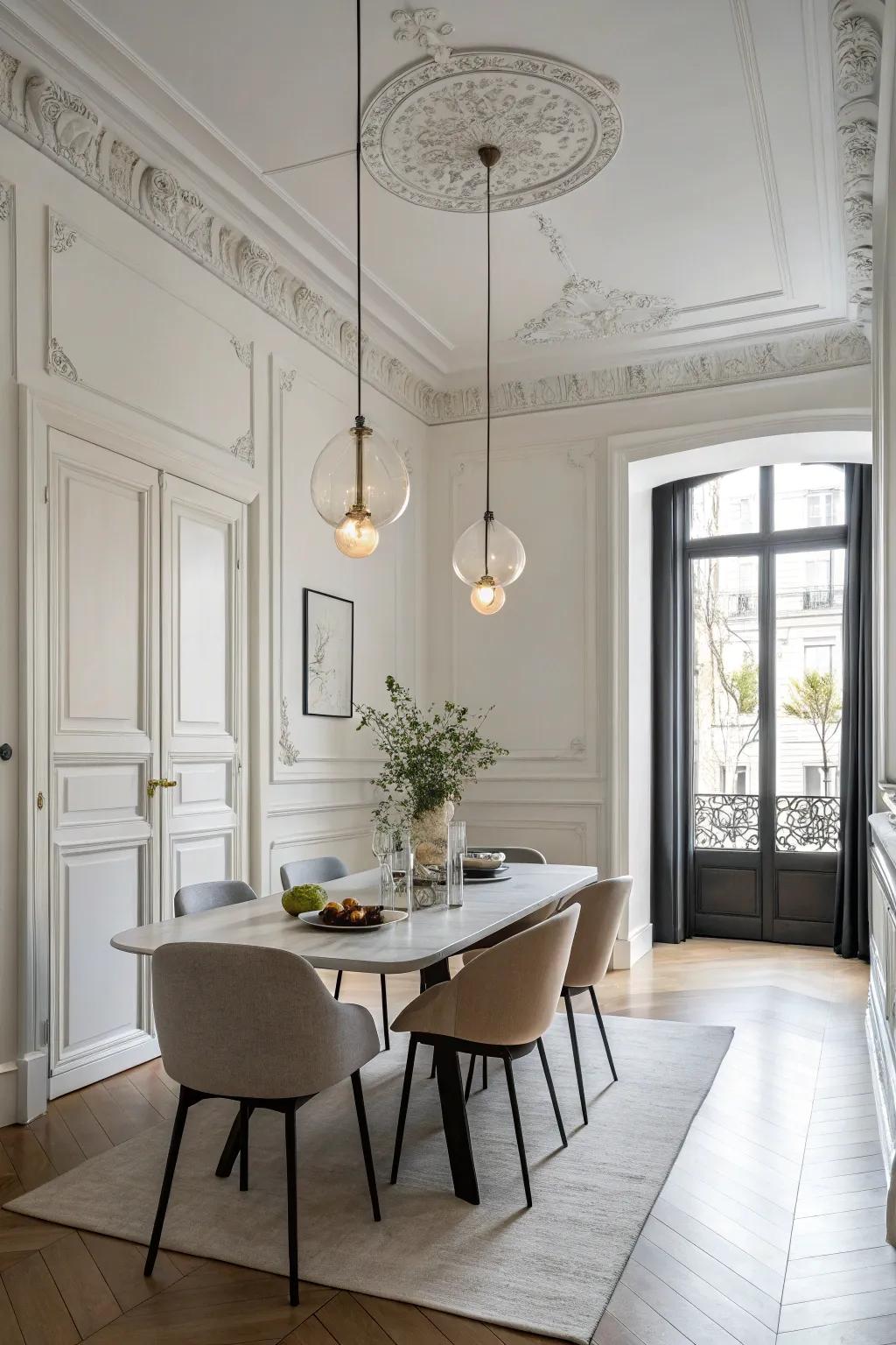 Minimalist fixtures offer understated elegance in this dining room.