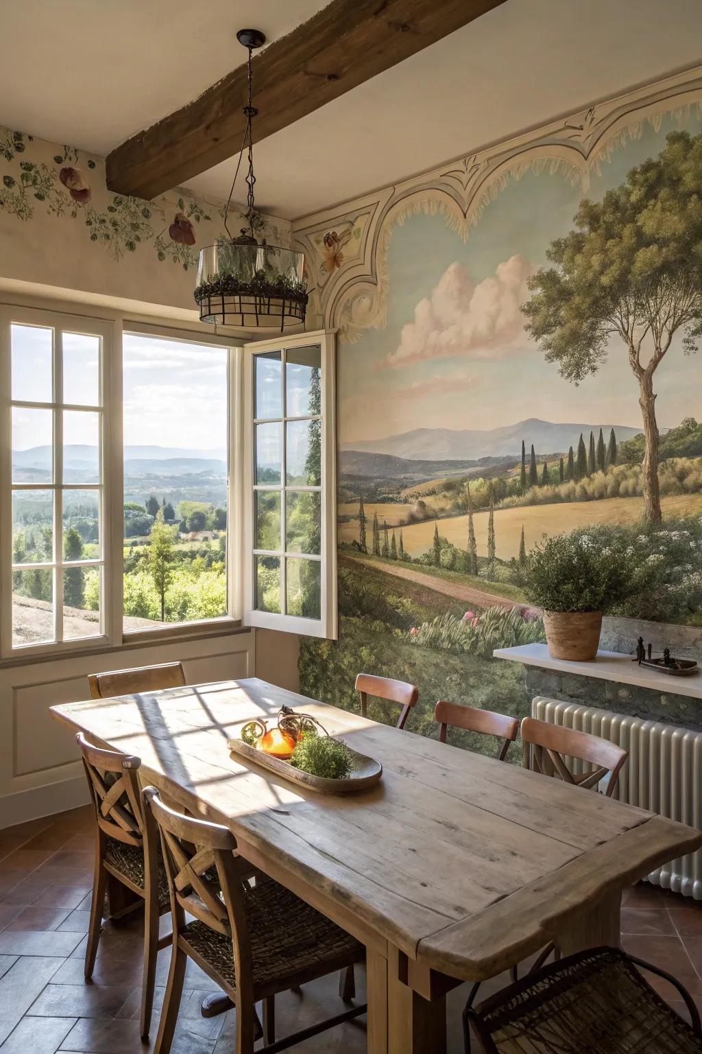 A scenic mural cultivates a dining atmosphere that is both expansive and welcoming.