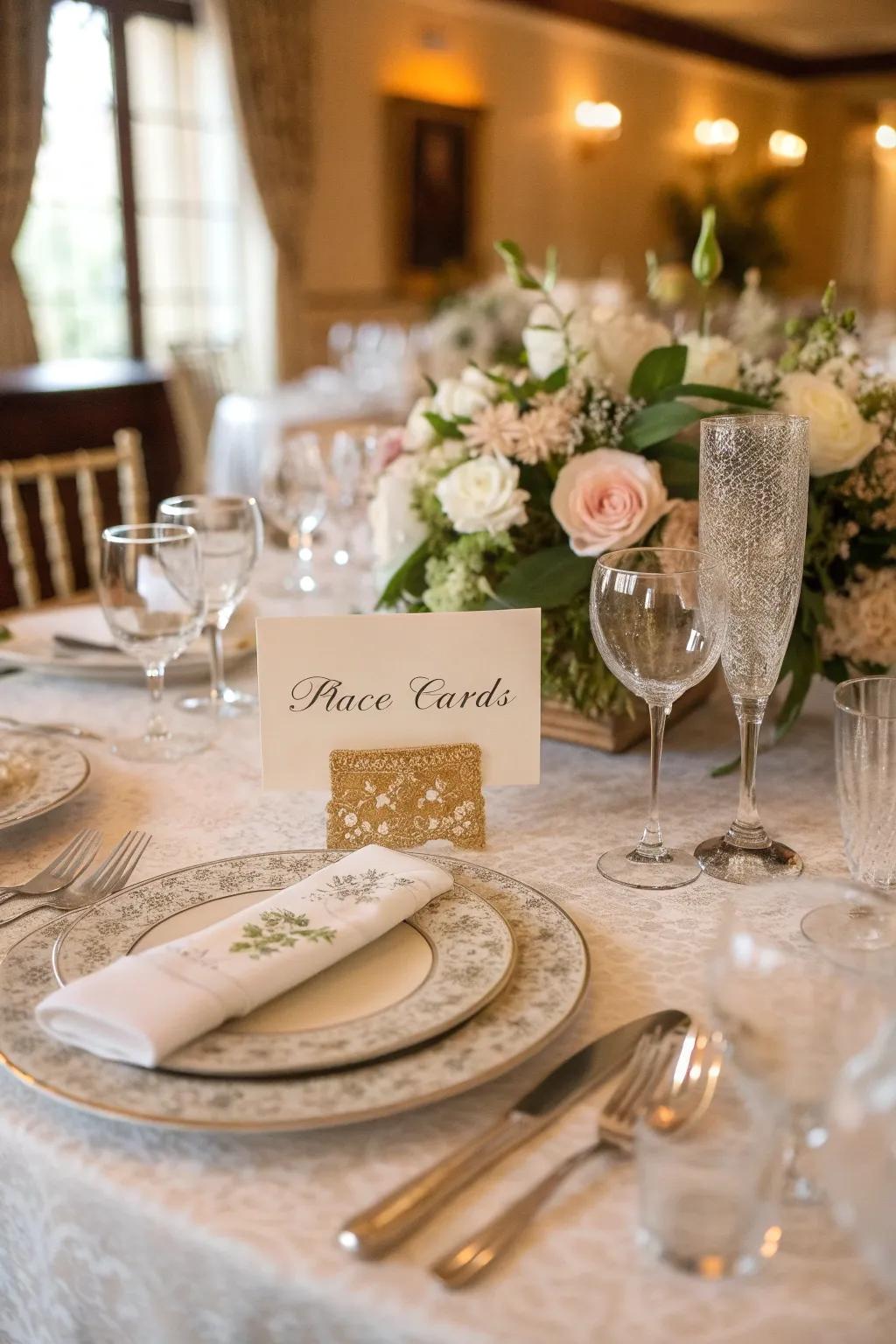Custom seating cards lend a personal touch to the dinner table.