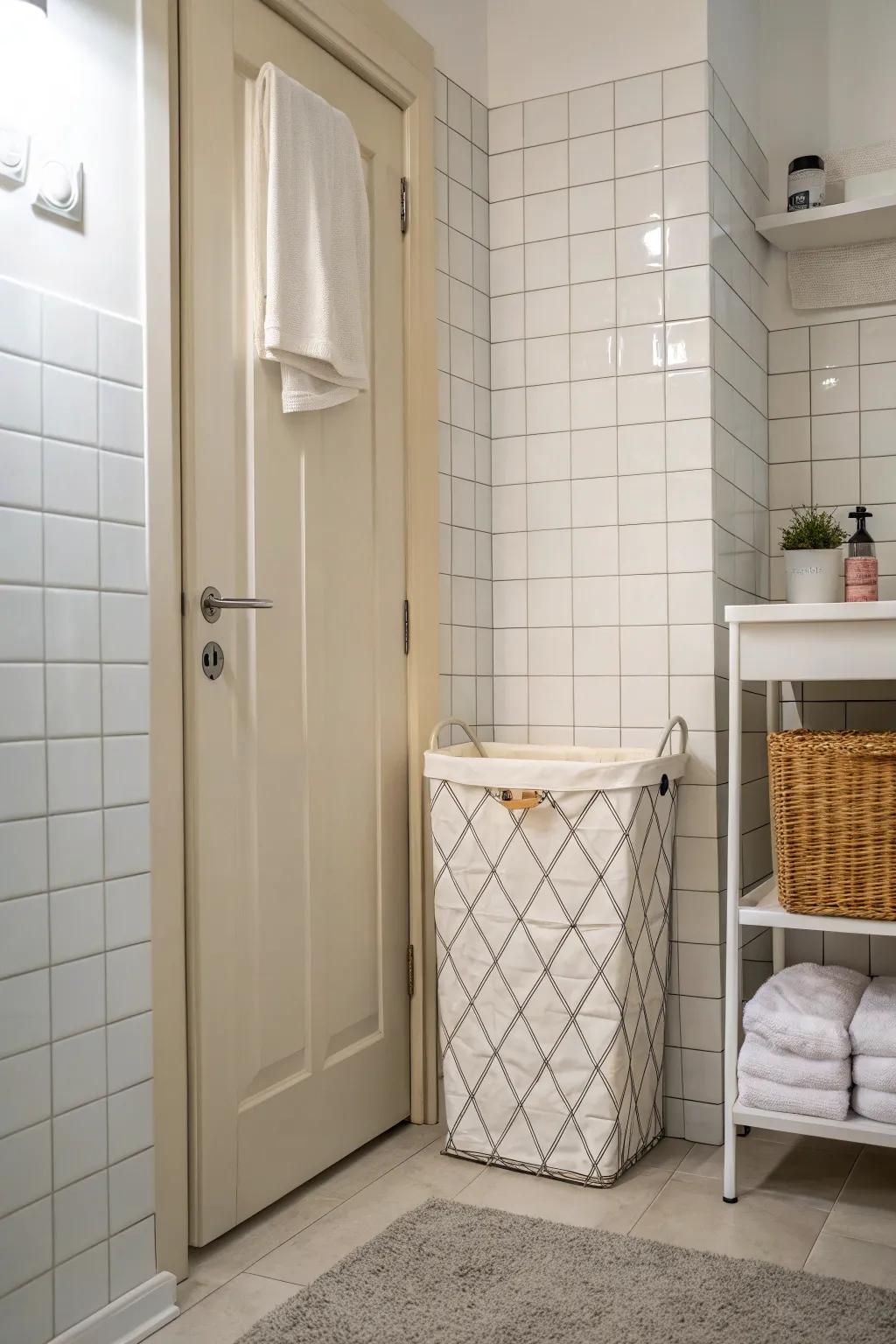 Optimize your area with a hamper that hangs over the door, blending in seamlessly.
