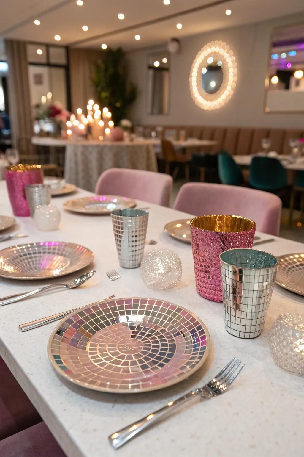 Disco-themed dining essentials infuse sparkle into the party ornamentation.