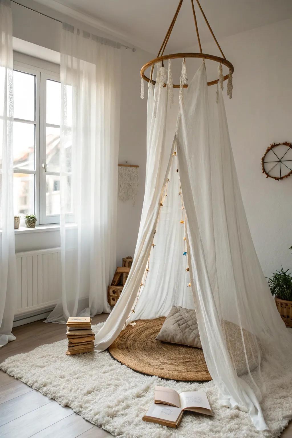 Create your own dreamy escape with this elegant drape and ornamental ring tent—perfect for a peaceful reading nook.
