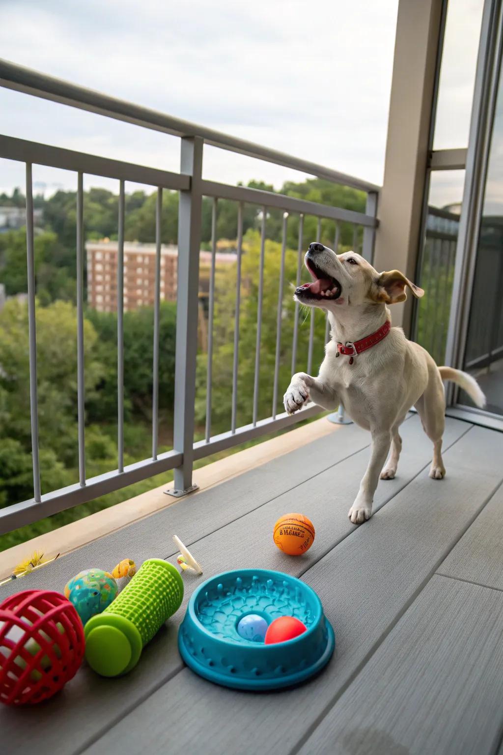 Toys and nibbles keep dogs entertained while on the balcony.