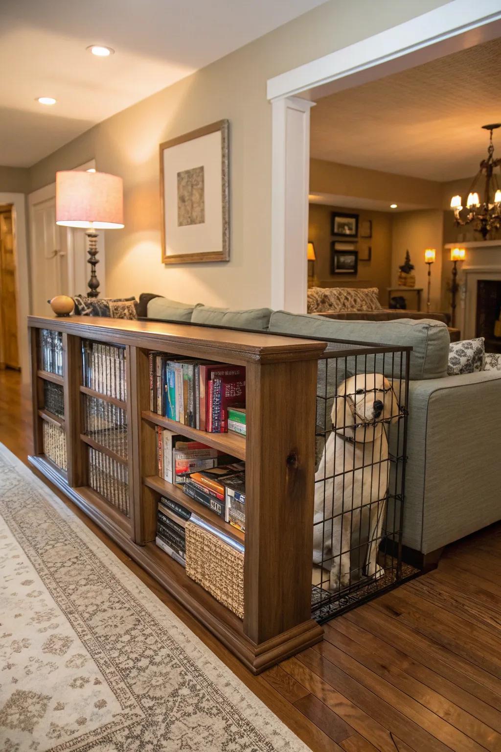A dog barrier exquisitely integrated with furniture for a unified look.
