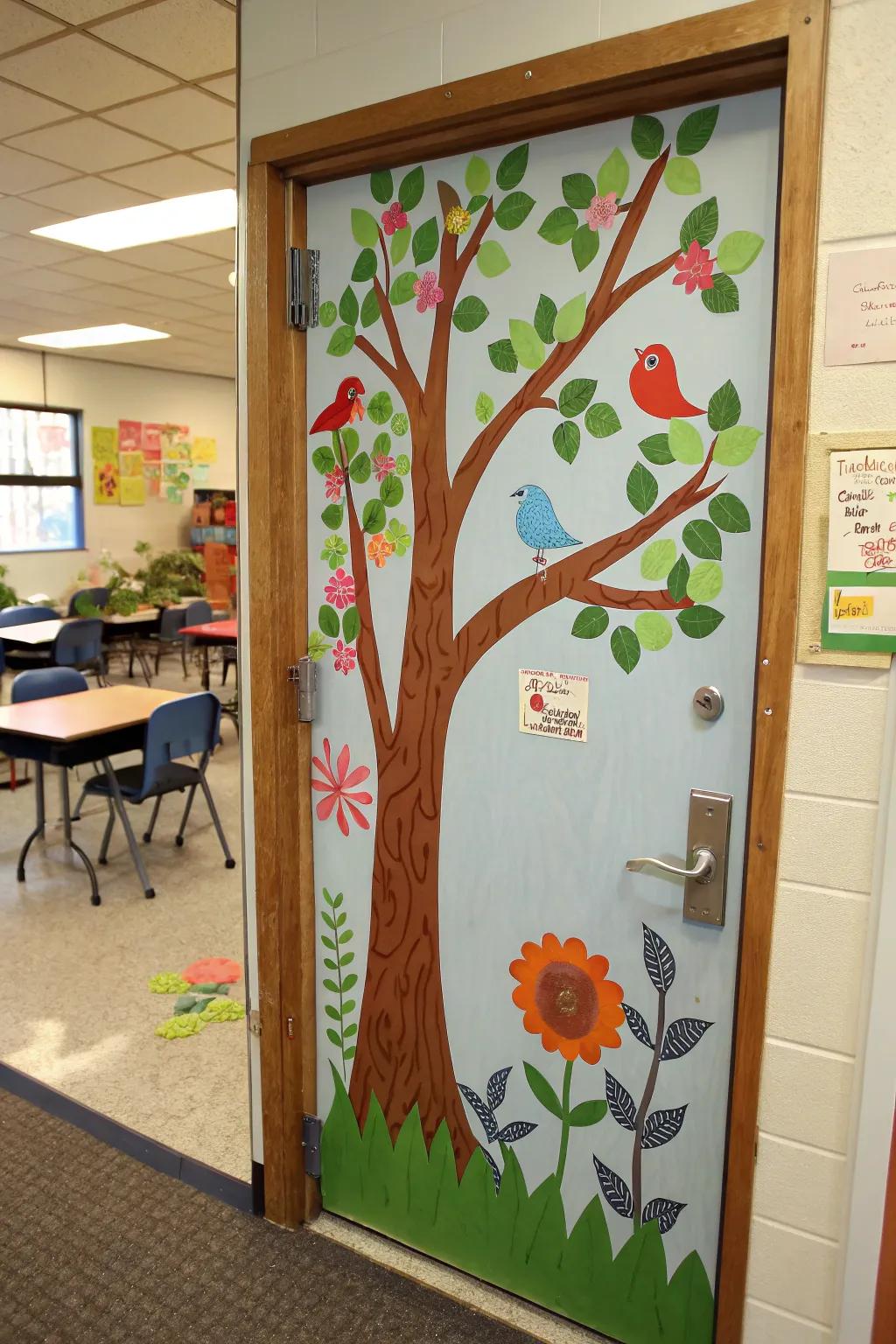 Nature elements bring a calming touch to the classroom door.