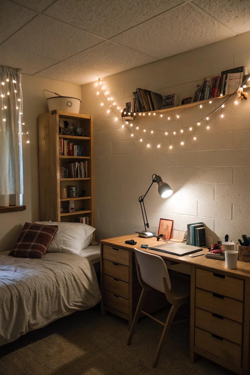 A dorm room showcasing ambient lighting, creating a cozy and inviting atmosphere.