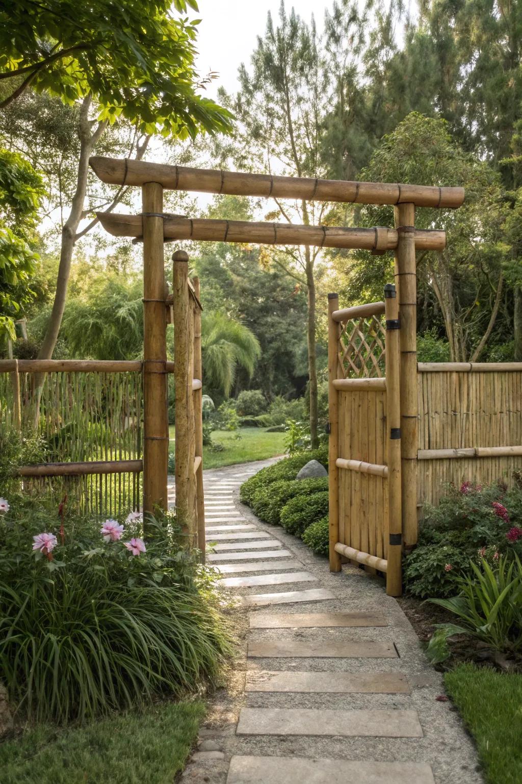An eco-friendly bamboo gate radiating exotic charm.