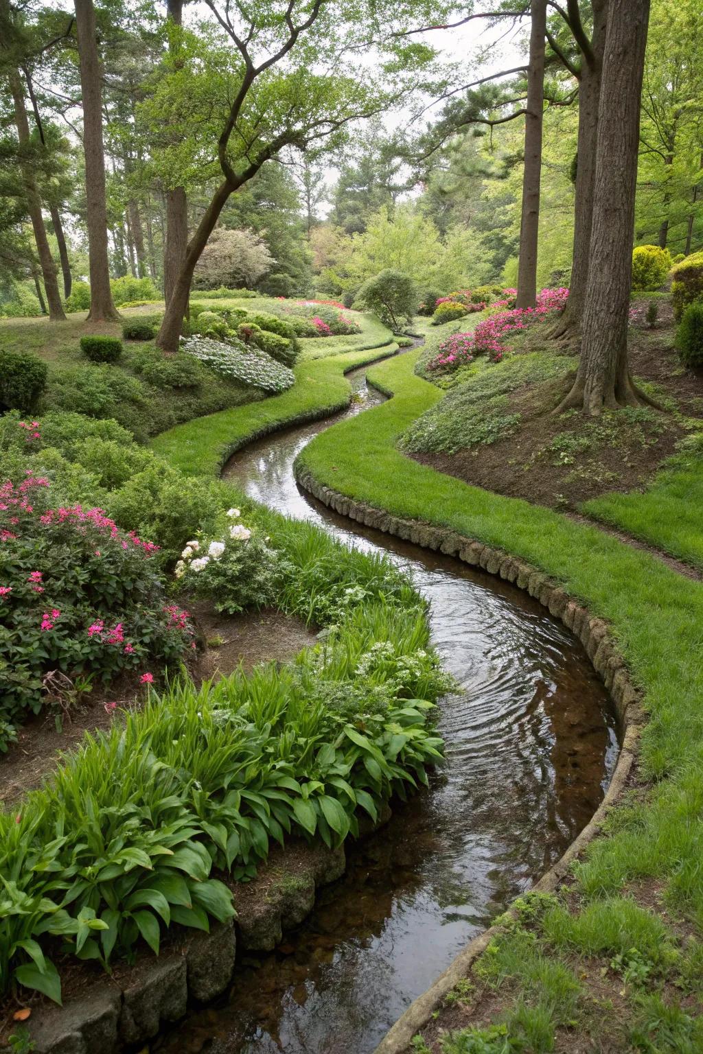 Curved swales introduce a hint of nature’s own design to your garden.