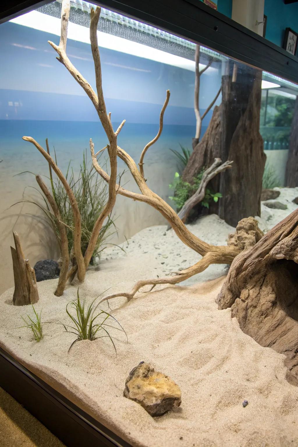 A seaside littoral-inspired aquarium featuring pallid bogwood and sandy hues.