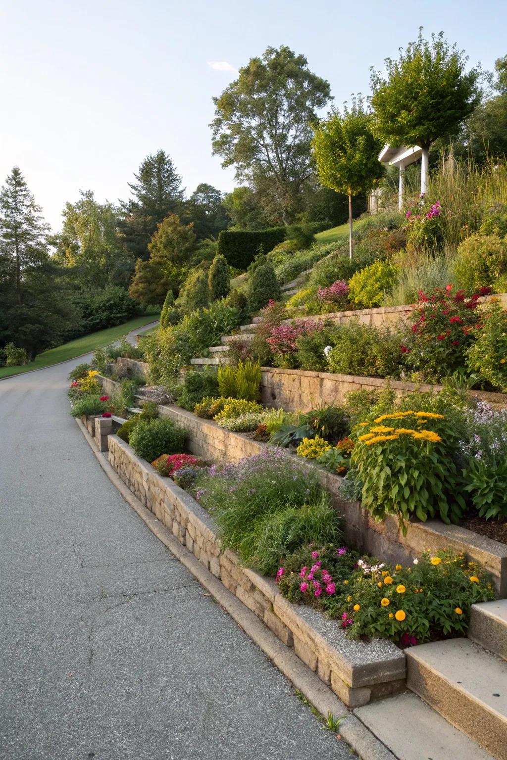 Layered planting infuses dimension and draws the eye across your driveway scene.